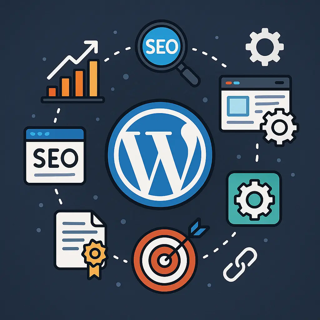 Illustration of WordPress SEO integration, featuring a large WordPress logo at the center surrounded by icons of an upward bar graph, magnifying glass labeled ‘SEO,’ a webpage with gears, a settings gear, a target with an arrow, a document with a ribbon, and a chain link on a dark background.