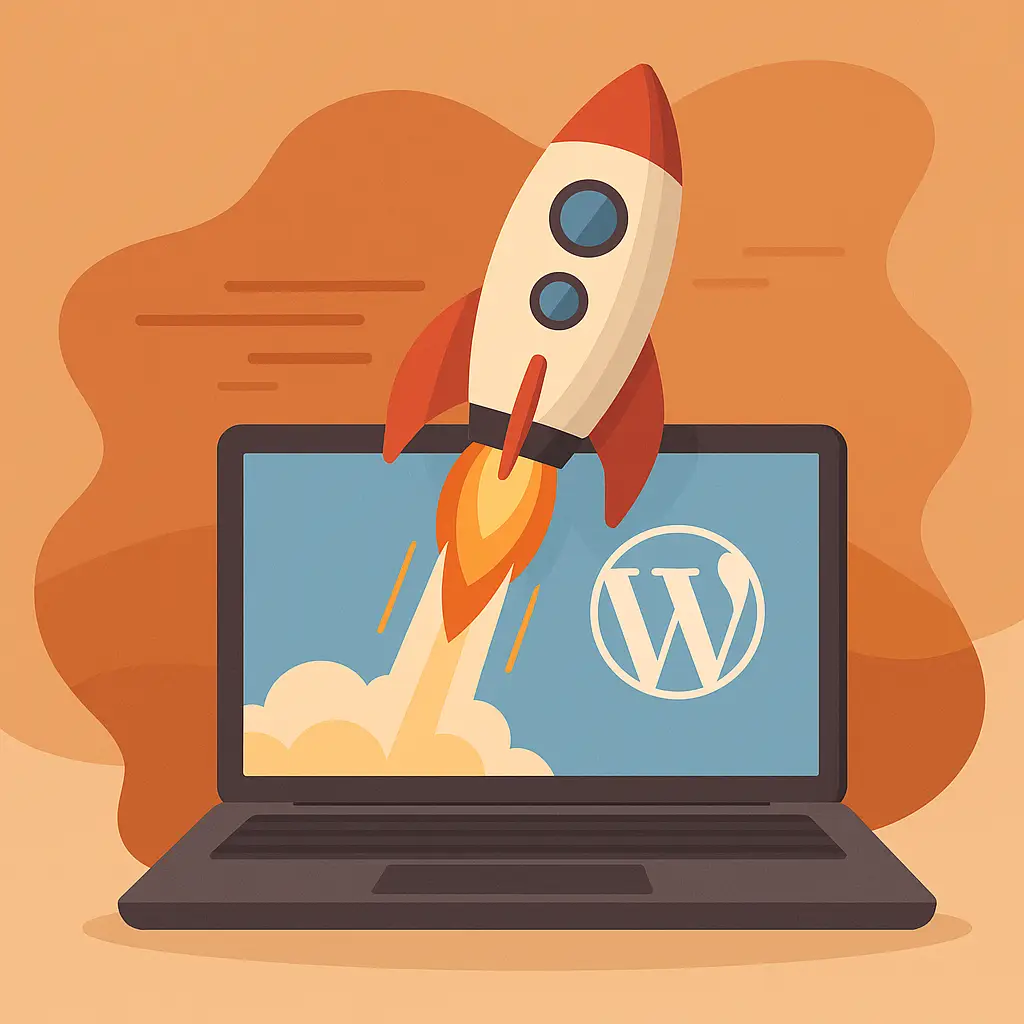 Rocket launching from laptop with the WordPress logo to illustrate speed optimization