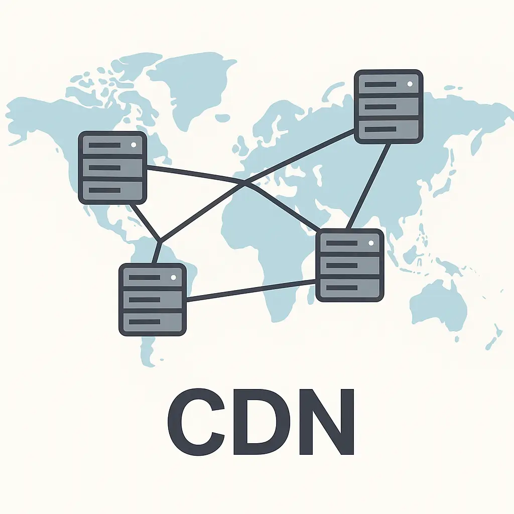 Content Delivery Network illustration showing interconnected servers across a world map to represent global data distribution.