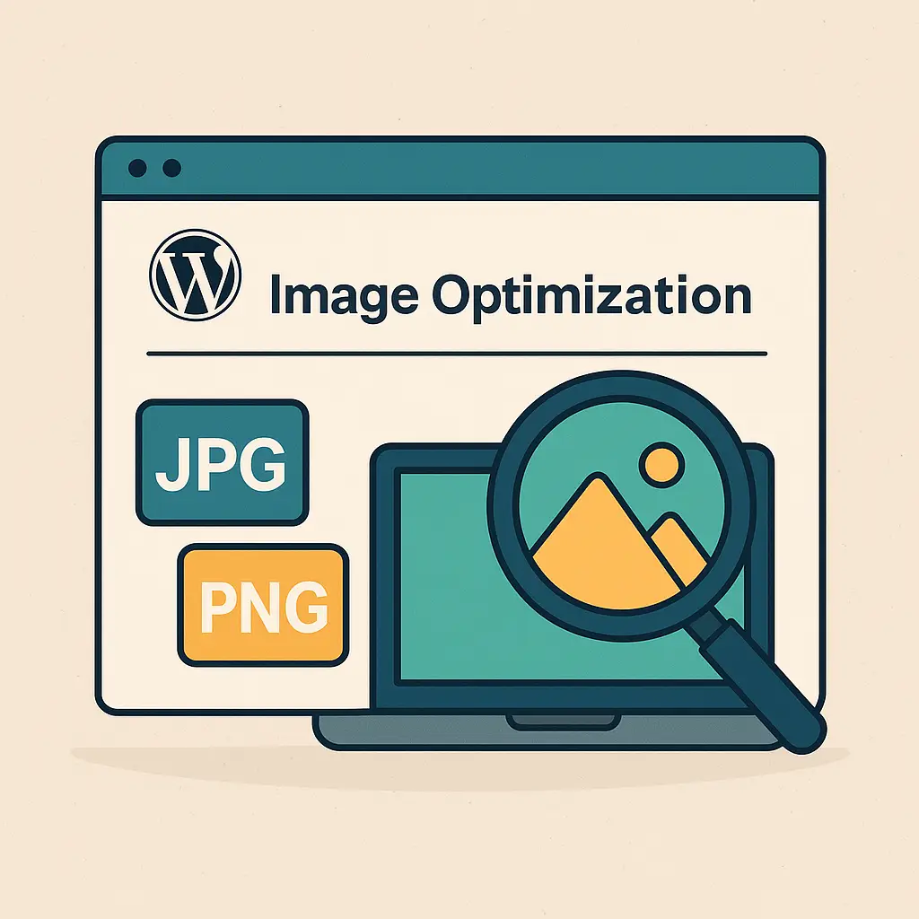 Image optimization for WordPress illustration showing JPG and PNG file formats with a magnifying glass over an image on a laptop screen.