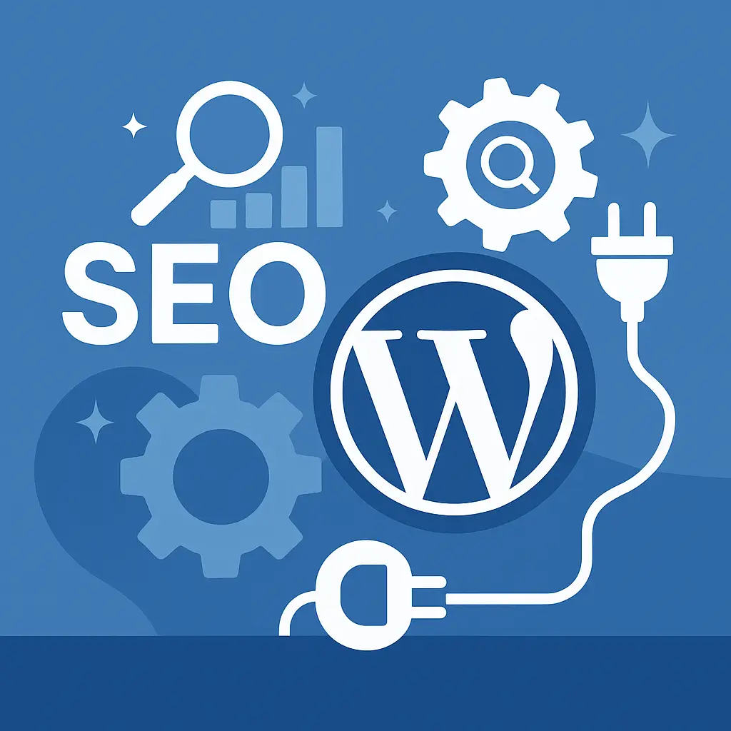 Blue-themed illustration showing WordPress SEO integration, featuring a large WordPress logo connected to a plug, with the word ‘SEO,’ a magnifying glass over a bar chart, and gear icons on a blue background.