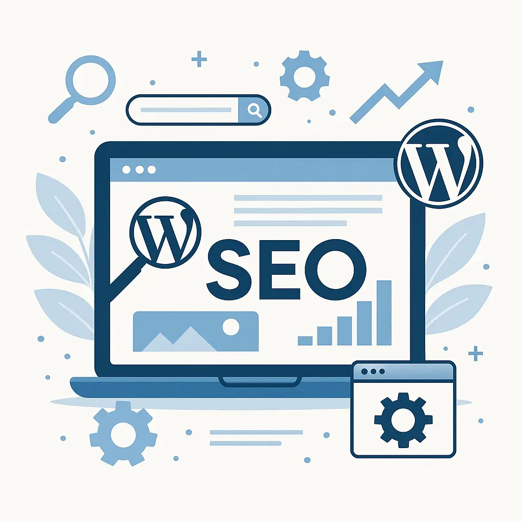 Illustration of WordPress SEO optimization on a laptop screen, featuring the word ‘SEO’ with WordPress logos inside magnifying glasses, a search bar, upward arrow, bar chart, gear icons, and decorative leaves in blue tones.