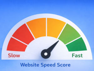 Website speed performance gauge showing slow to fast load times