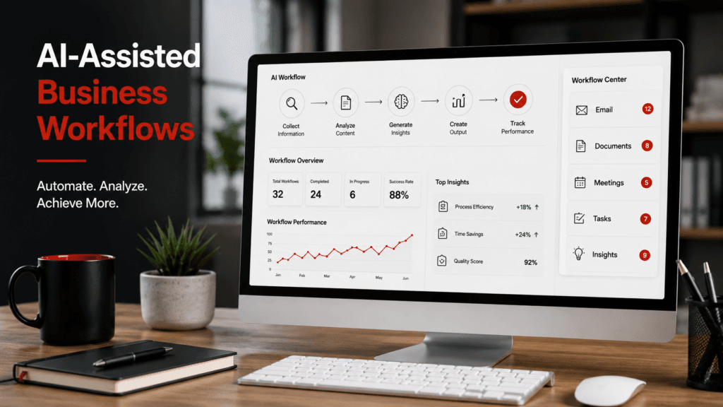 AI-assisted business workflow dashboard showing email, documents, meetings, tasks, and insights