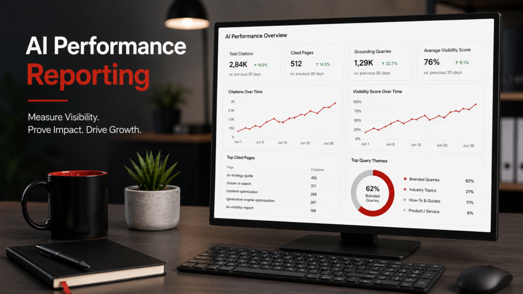 AI performance reporting dashboard showing citations, visible pages, query themes, and visibility trends