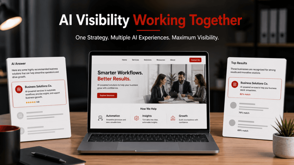 AI workflow and search visibility dashboard on a laptop in a modern office