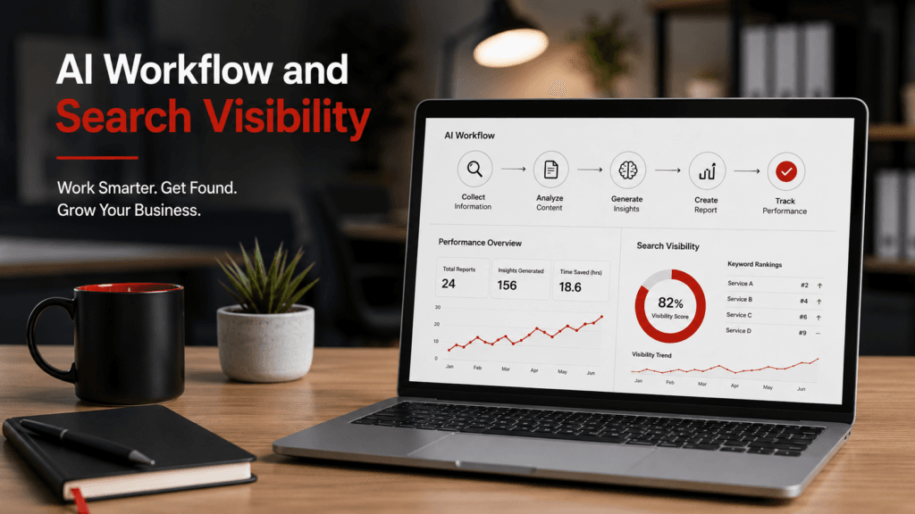 AI workflow and search visibility dashboard on a laptop in a modern office