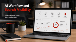 AI workflow and search visibility dashboard on a laptop in a modern office