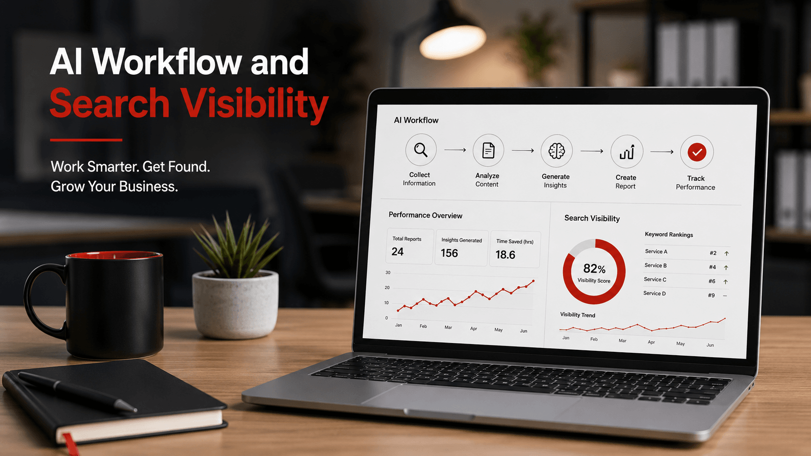 AI workflow and search visibility dashboard on a laptop in a modern office
