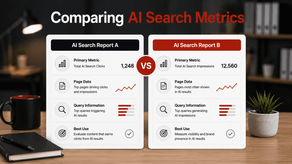 Side-by-side comparison of AI search metrics, page data, query information, and visibility reporting
