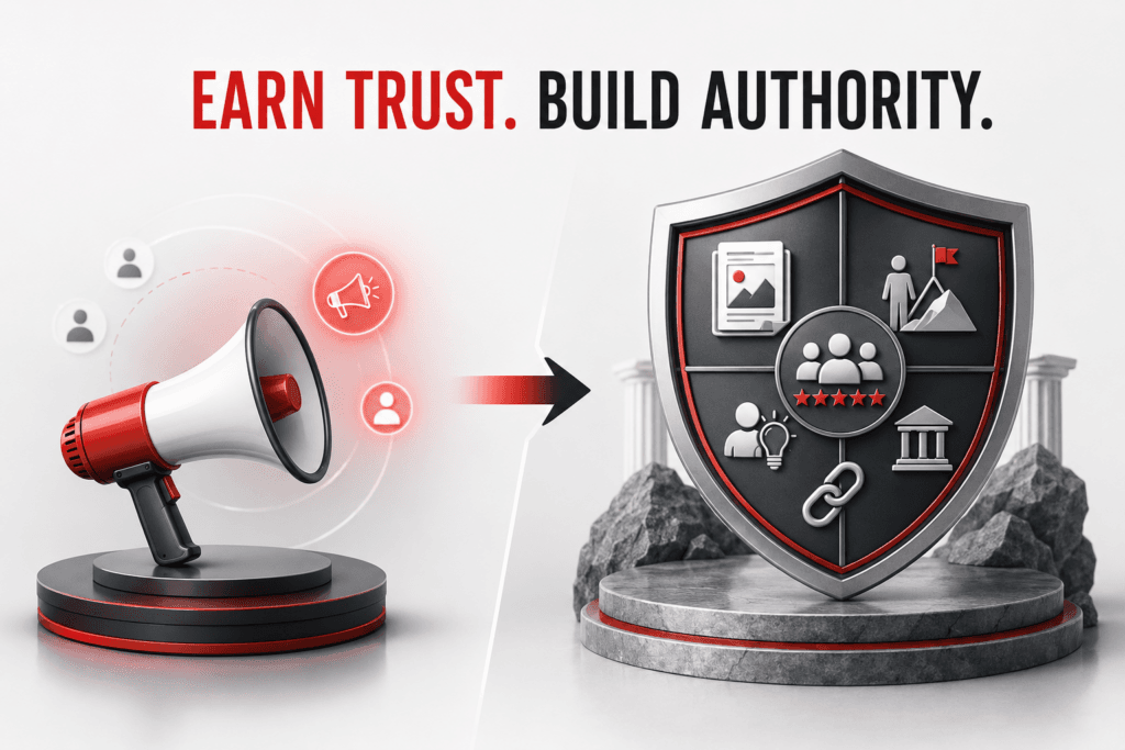 Promotional visibility developing into lasting authority supported by original content, customer experience, reviews, expert insights, and credible links.