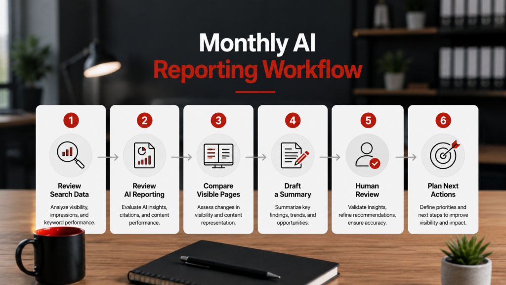 Monthly AI reporting workflow with steps for reviewing search data, comparing visible pages, drafting a summary, and planning next actions