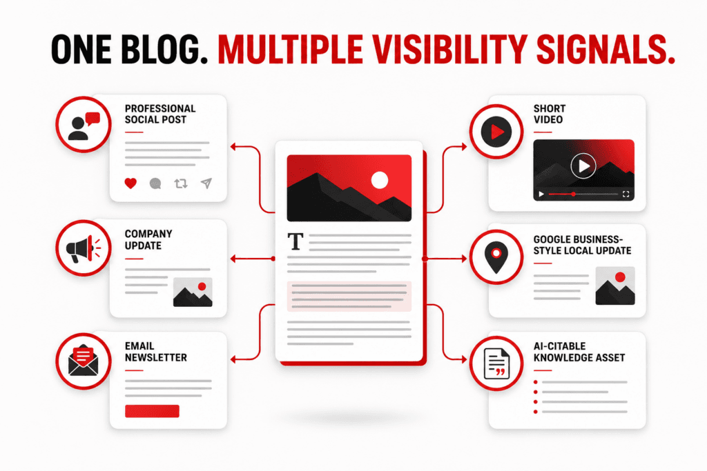 One authoritative blog article repurposed into professional social posts, company updates, email, video, local updates, and AI-citable content.