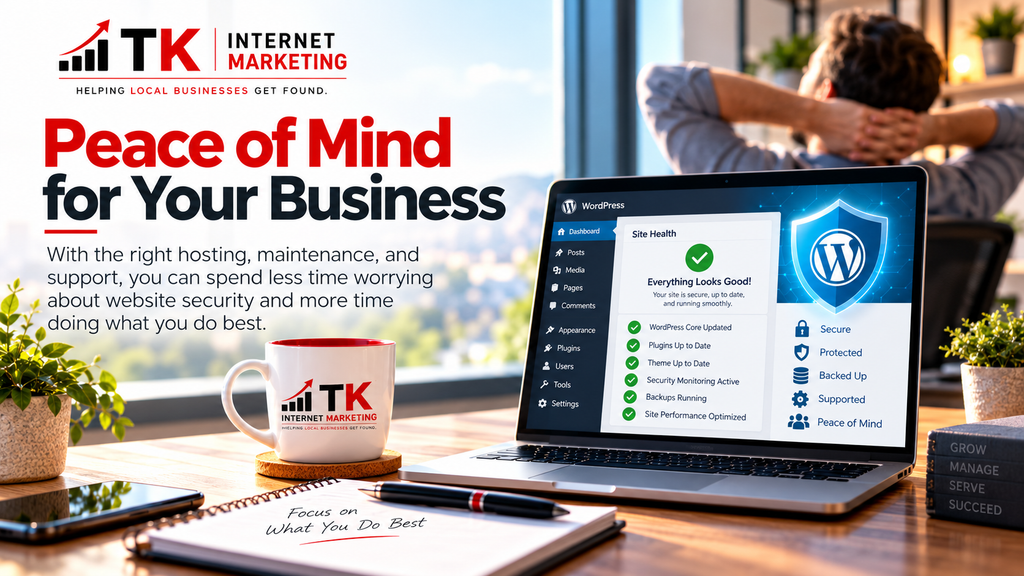 TK Internet Marketing website security graphic showing a protected WordPress dashboard and a business owner enjoying peace of mind.