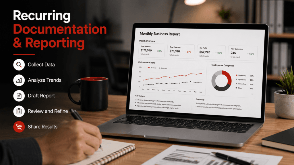 Monthly business report dashboard with charts, performance trends, and reporting steps