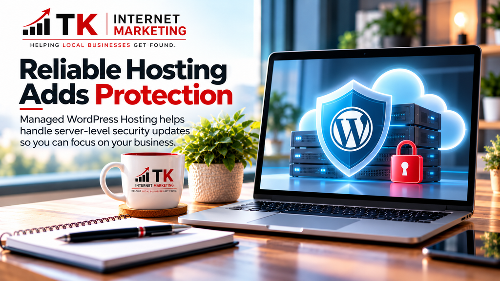 Managed WordPress Hosting security graphic featuring cloud servers, a protective shield, and a lock representing website protection.