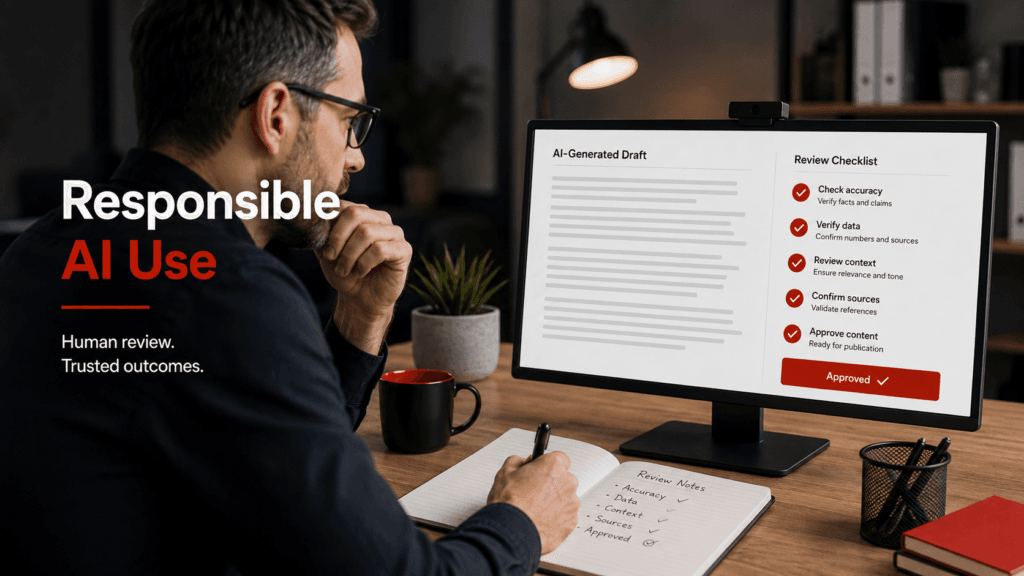 Business professional reviewing an AI-generated draft for accuracy, data, context, sources, and approval