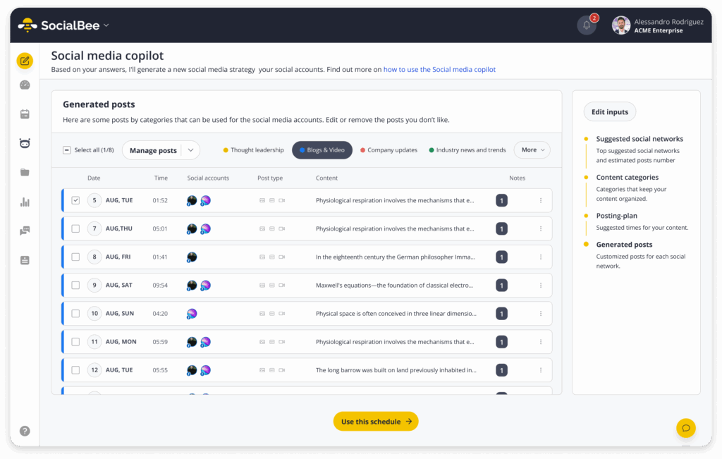SocialBee Copilot AI assistant dashboard screenshot