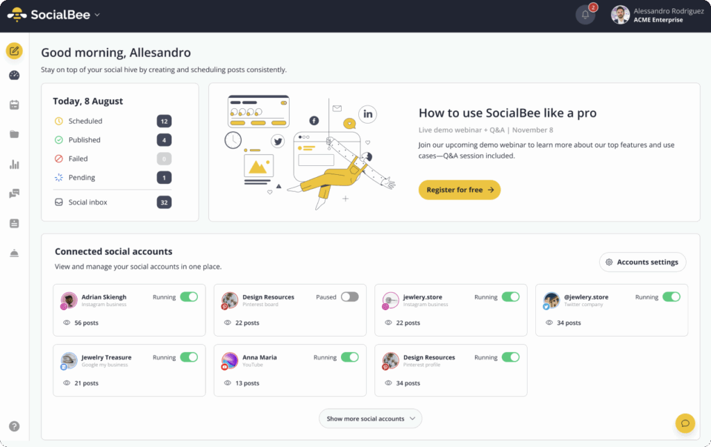 dashboard view of SocialBee social media management tool interface
