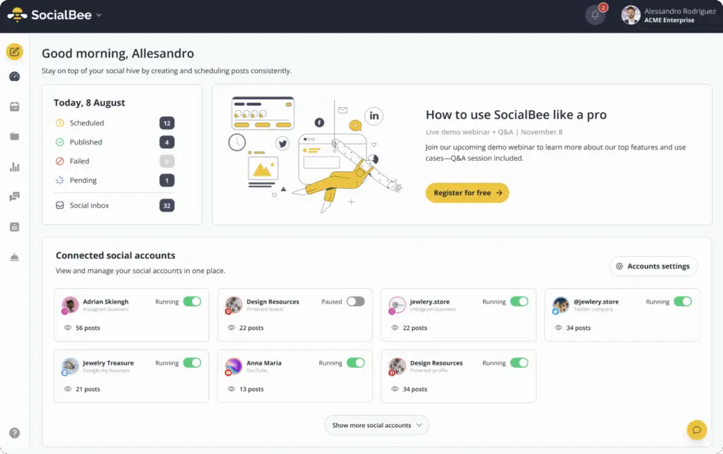 dashboard view of SocialBee social media management tool interface