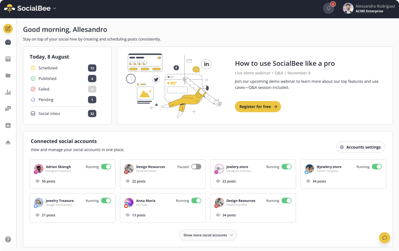 dashboard view of SocialBee social media management tool interface