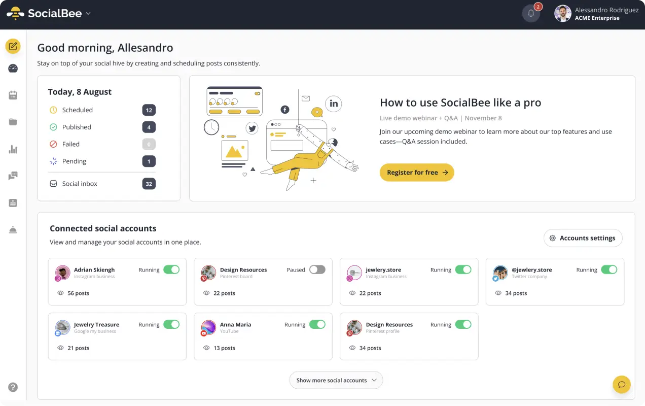 dashboard view of SocialBee social media management tool interface