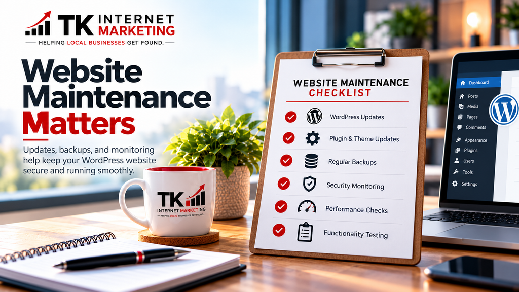 WordPress website maintenance checklist showing software updates, regular backups, security monitoring, and performance checks.