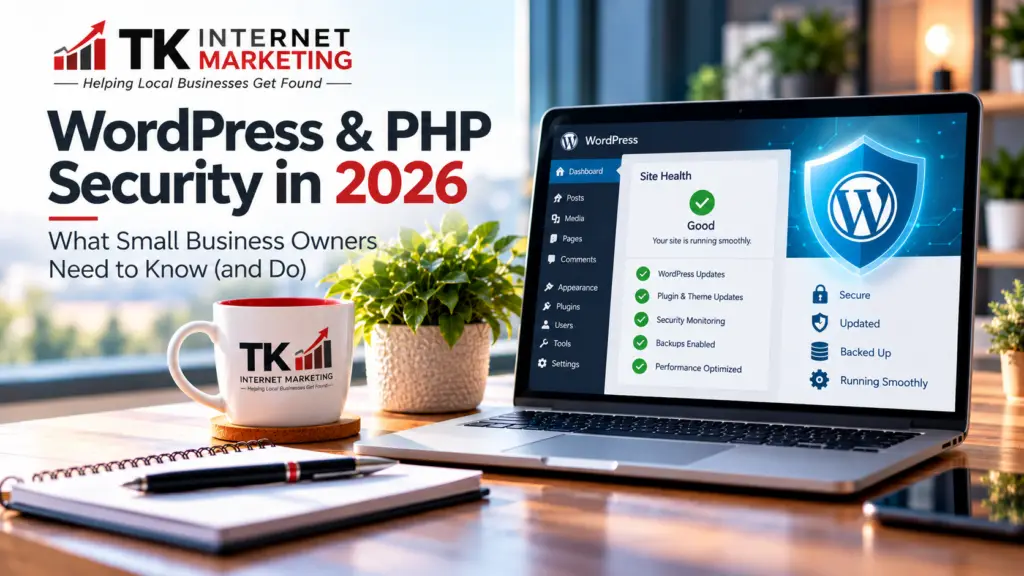 TK Internet Marketing WordPress and PHP security graphic featuring a laptop with website updates, backups, and security monitoring.