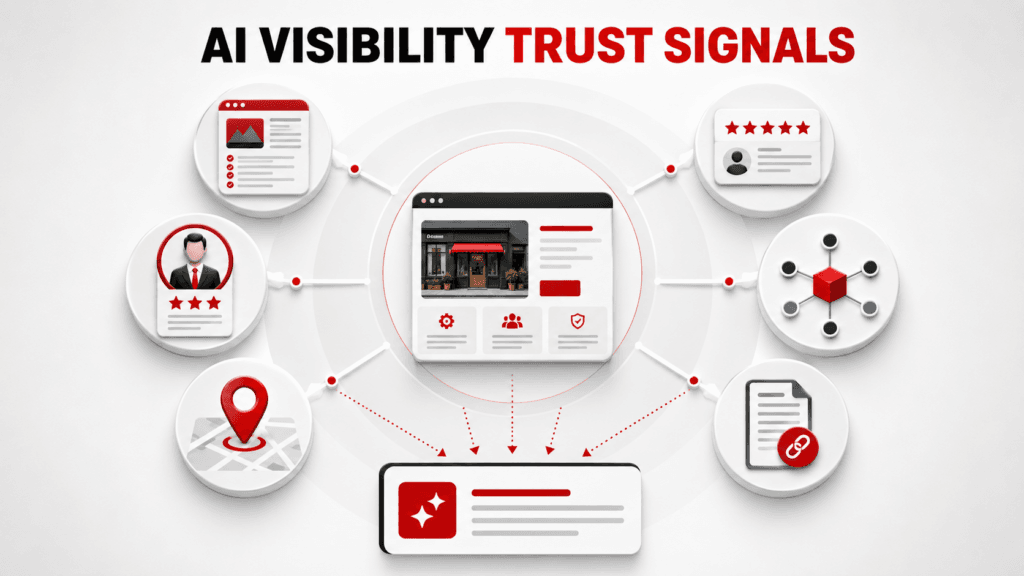 Website surrounded by AI visibility trust signals, including expert information, reviews, local relevance, structured data, and third-party citations.