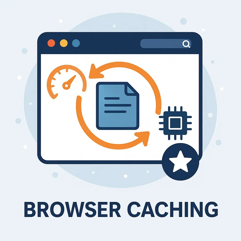 Browser caching illustration showing a web browser window with arrows indicating cached data storage and speed icons representing faster load times.
