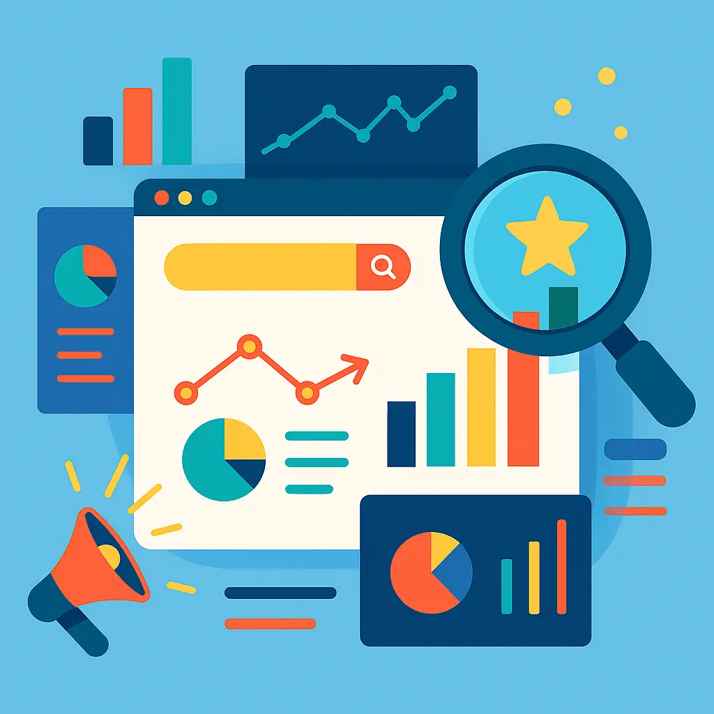 Illustration of digital marketing and SEO analytics with graphs, charts, and magnifying glass.