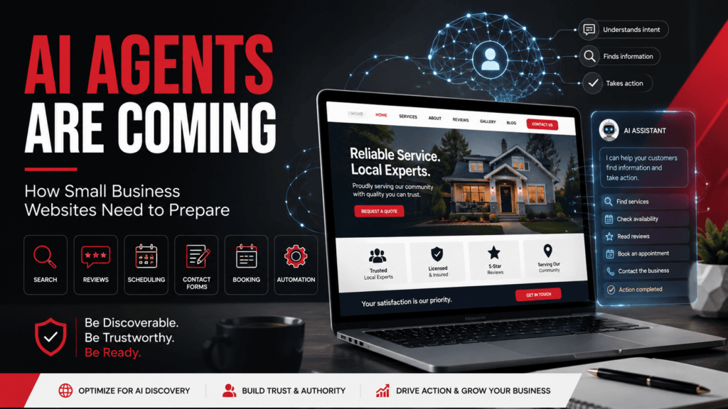 AI agents interacting with a small business website to find information, check availability, read reviews, and complete online actions.