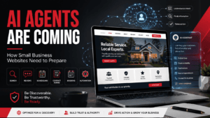 AI agents interacting with a small business website to find information, check availability, read reviews, and complete online actions.