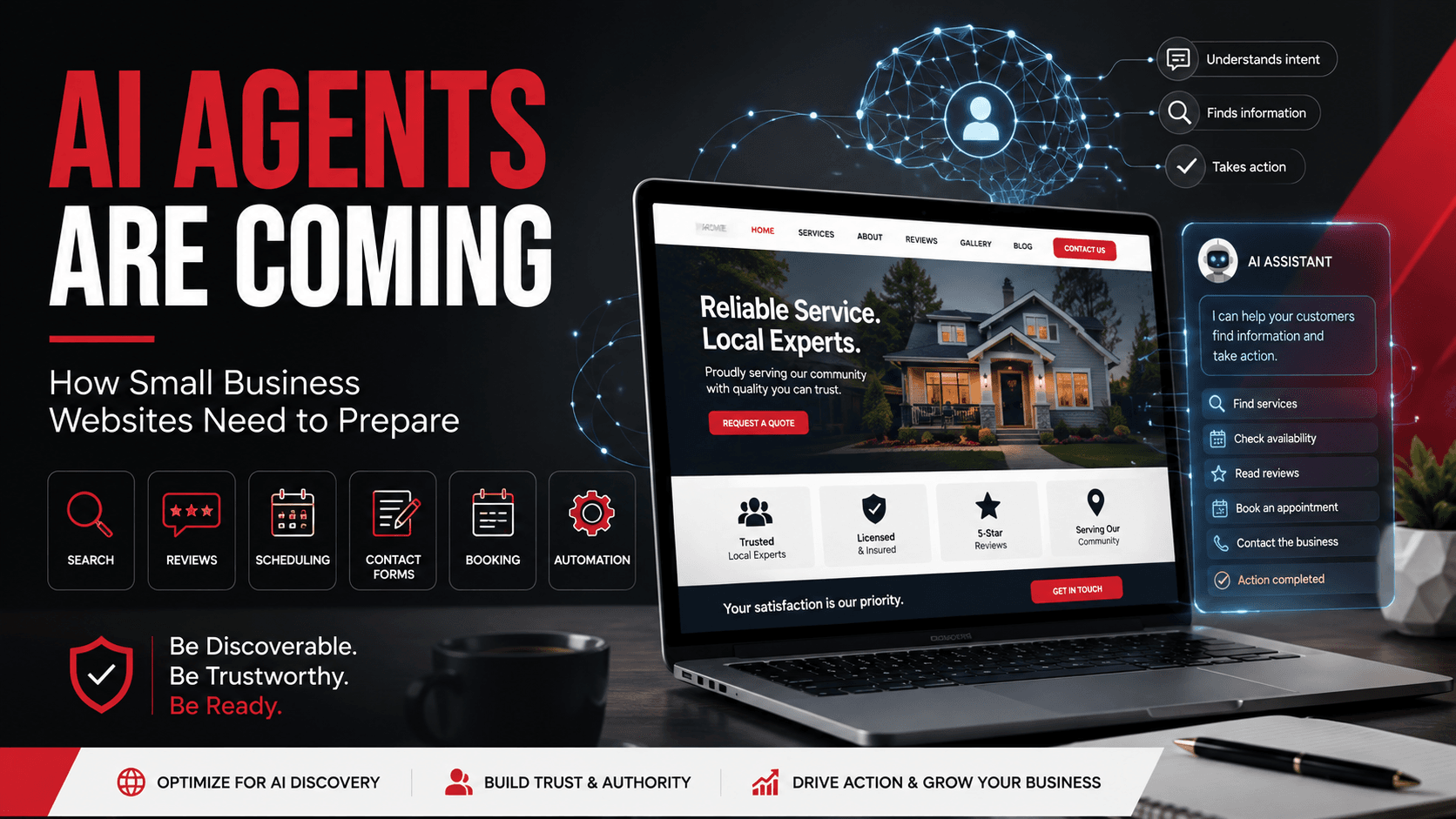 AI agents interacting with a small business website to find information, check availability, read reviews, and complete online actions.