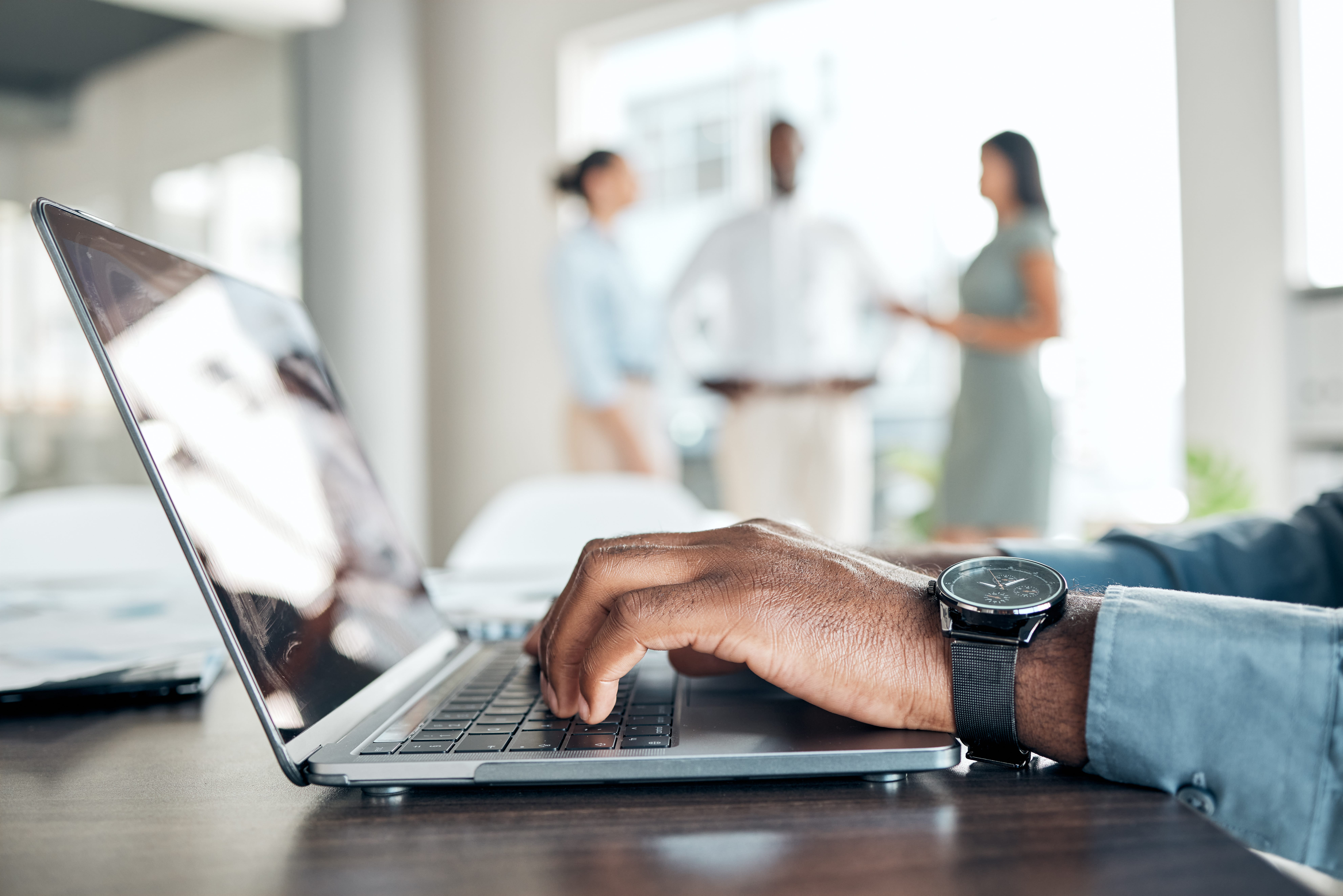 Hands typing, research and working business man on a work laptop busy with marketing data. Online p