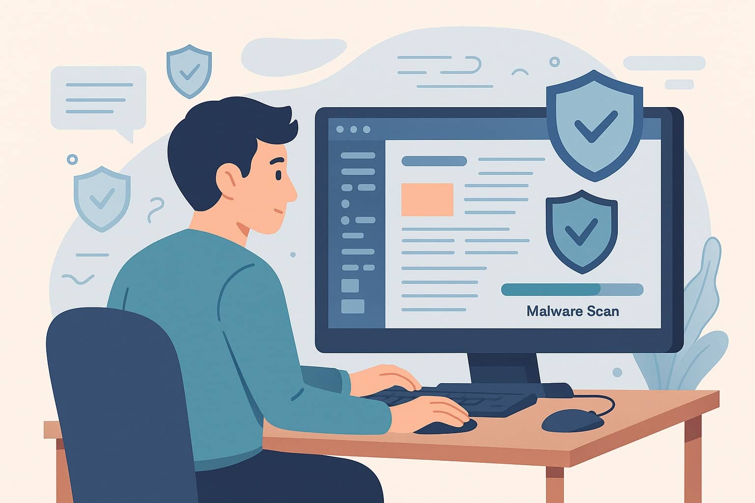 Illustration of a technician scanning a WordPress site for WordPress malware removal using a laptop and shield icons.