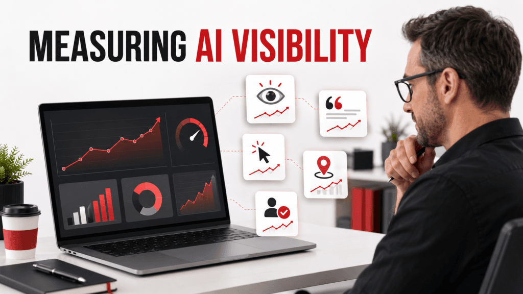 Small-business owner measuring AI visibility through impressions, citations, website engagement, local discovery, and customer leads.