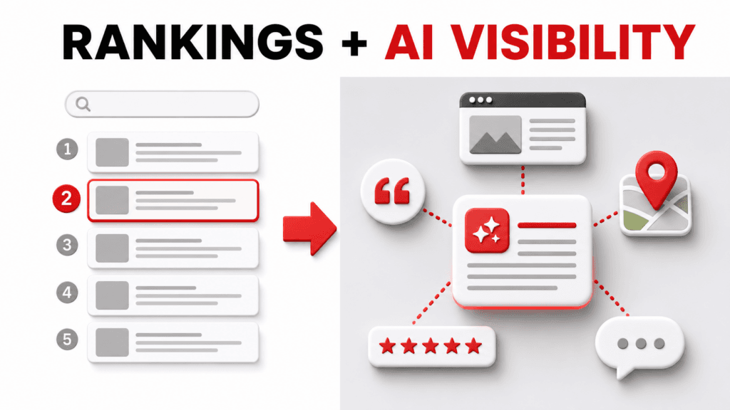 Five-part AI Visibility Method illustrating discoverability, understanding, credibility, usefulness, and consistency.