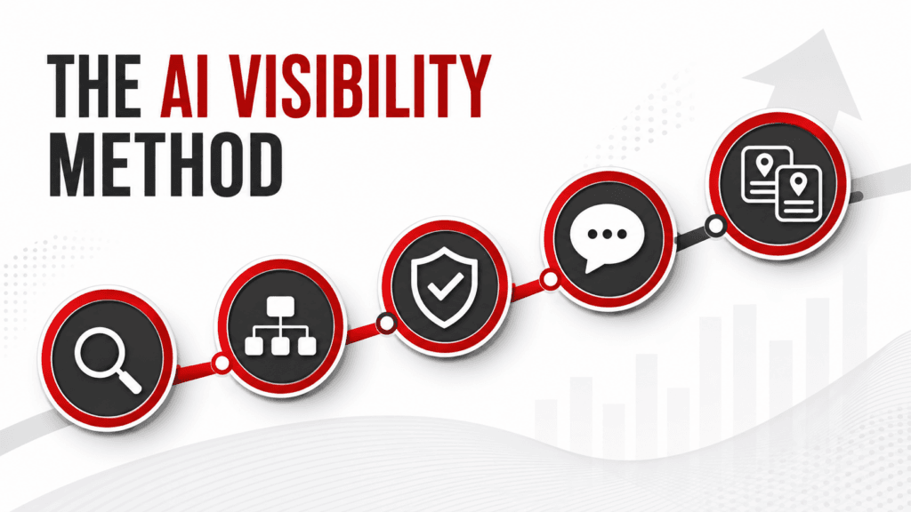 Five-part AI Visibility Method illustrating discoverability, understanding, credibility, usefulness, and consistency.