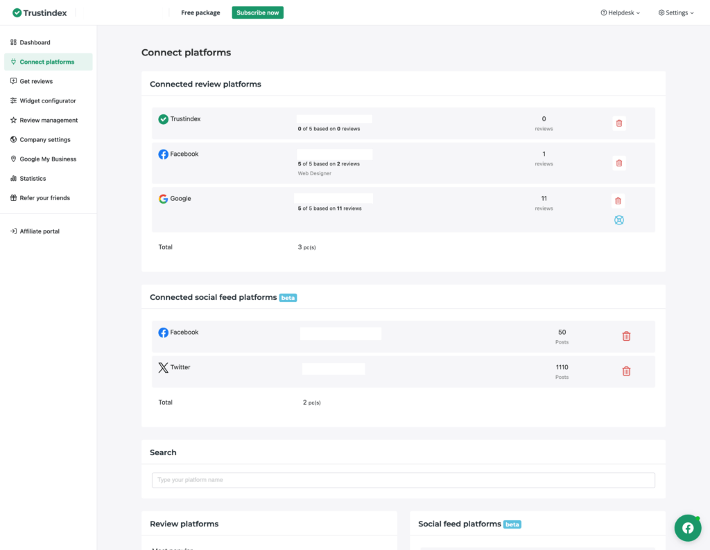 Trustindex Connect Platforms Dashboard