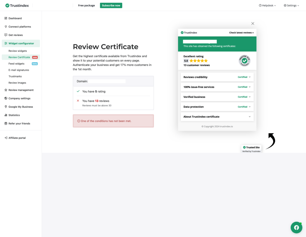 Trustindex Review Certificate Dashboard