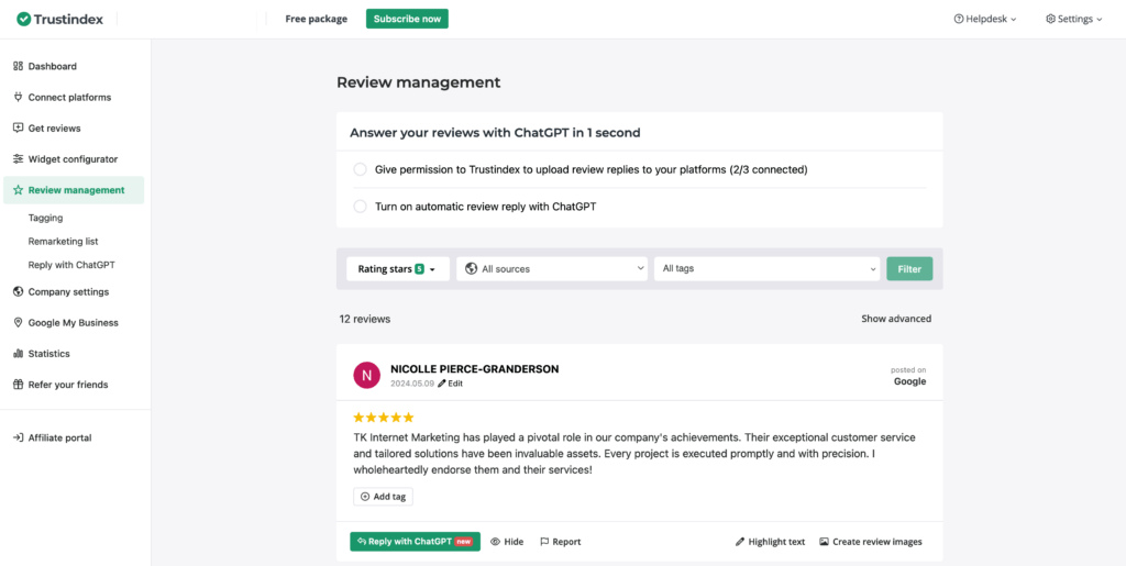Trustindex Review Management Dashboard