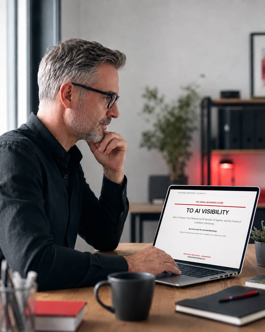 Small-business owner viewing The Small Business Guide to AI Visibility on a laptop.